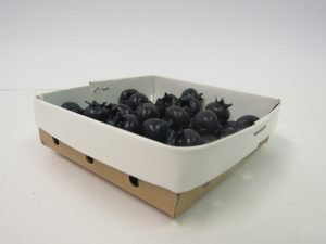 Item 949 - 1/2 Pint Chipboard till (900 Pack)- A white and brown, vented cardboard till with blueberries in it.