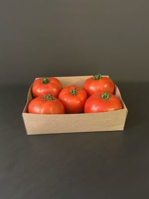 Item 1697 - Small Pop Up Produce Tray (250 Pack)- A brown Kraft chipboard tray holding five tomatoes in it.
